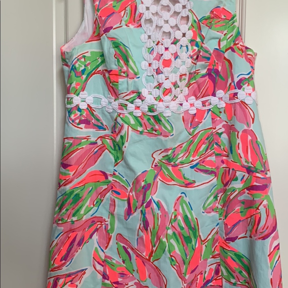 Lilly Pulitzer Dress Size 6 Light Blue with Pink Green Leaves Lace detail.